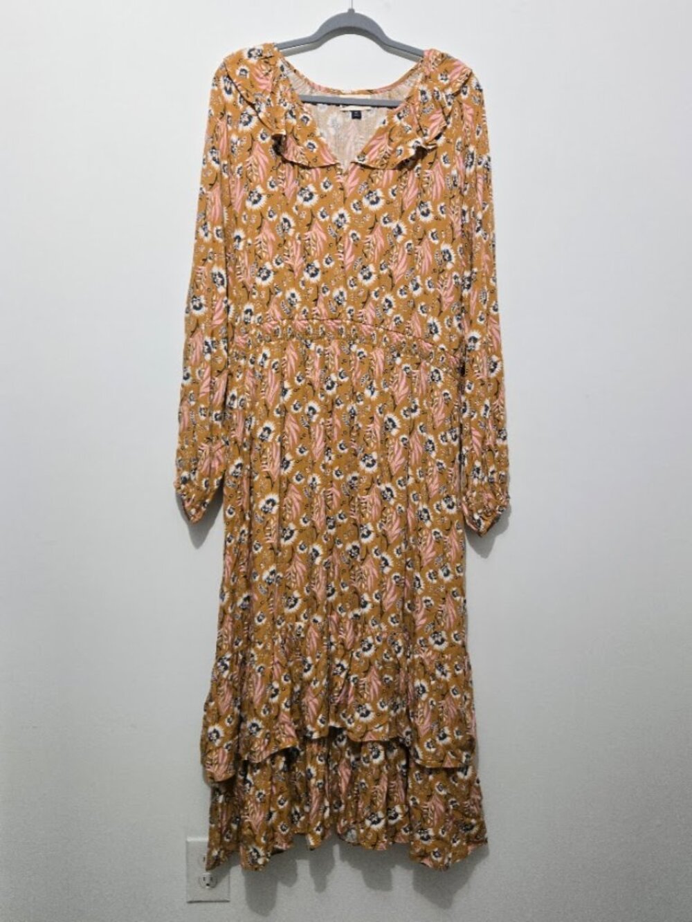 Universal Thread Prairie Boho Smock Floral Long Sleeve Tiered Maxi Dress Sz XXL